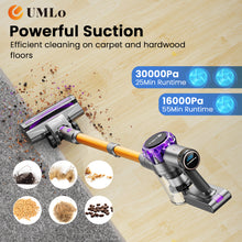 Load image into Gallery viewer, UMLo Cordless Vacuum Cleaner, 300W 30Kpa Stick Vacuum with LED Display, 8 in 1 Rechargeable Cordless Vacuum Max 55Min Runtime, Free-Standing, Perfect for Home Carpet Hard Floor Pet Hair Purple
